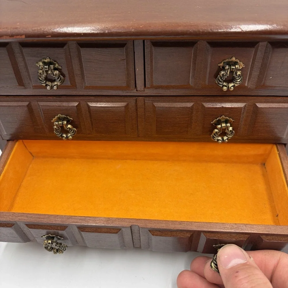 Vtg Brown Wood Rectangle Jewelry Box Organizer w/ Drawers Music Box MCM Cottage